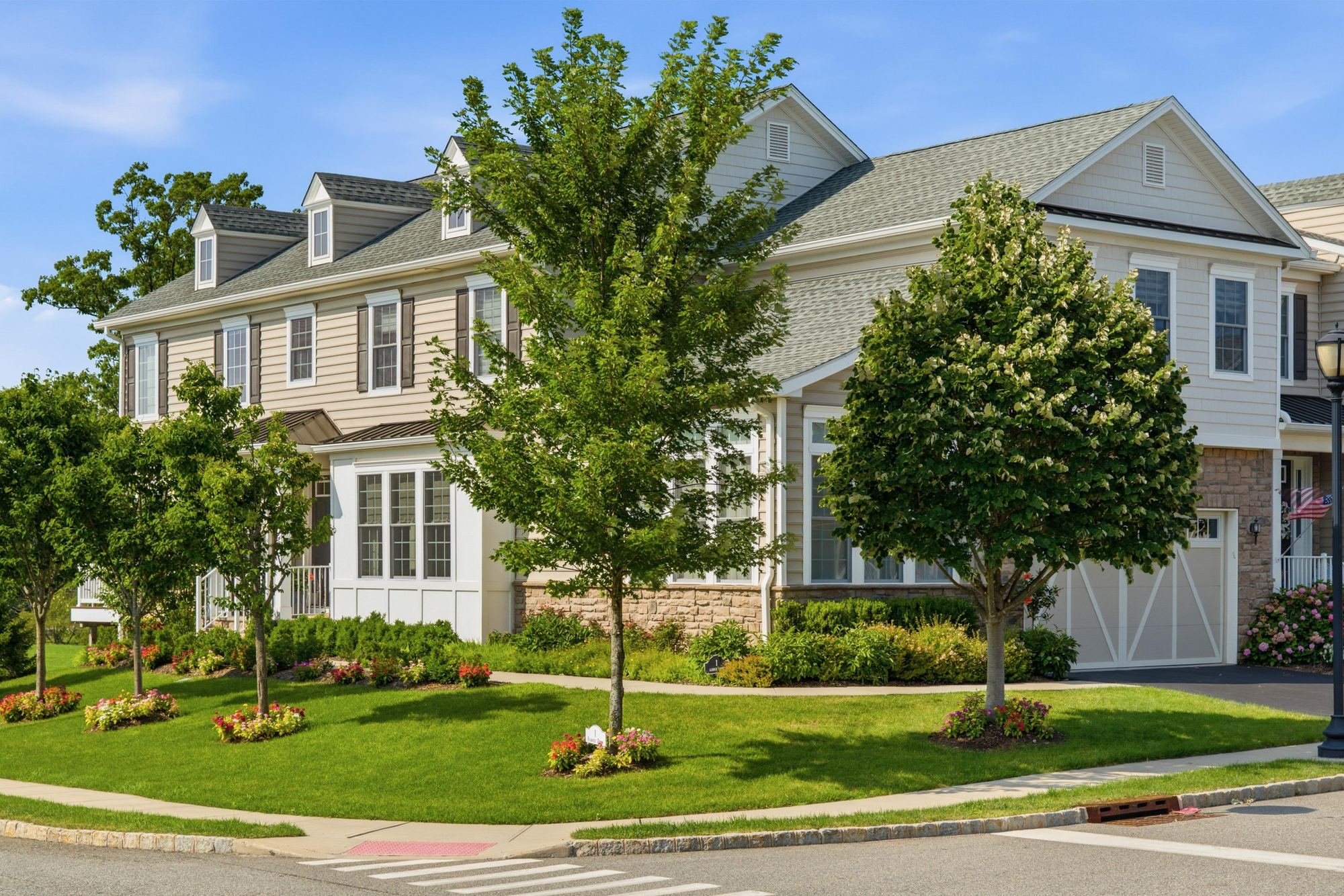 1 Aldrich Court, Morristown, NJ — front facade of this end-unit townhome in The Residences at Columbia Park