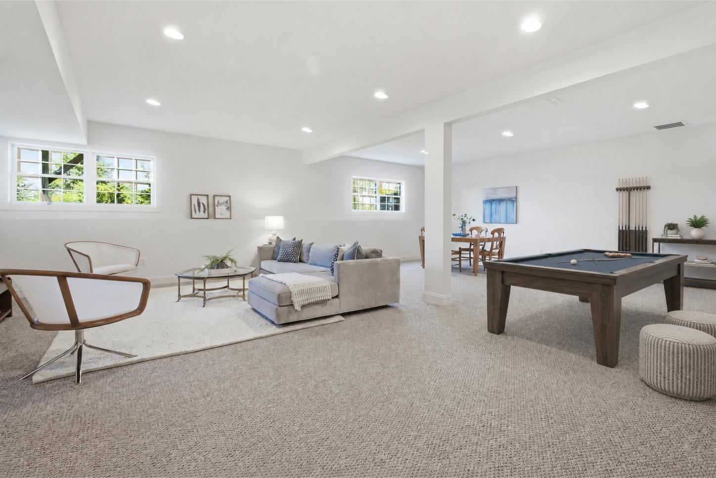 finished lower level recreation room at 1 Aldrich Court